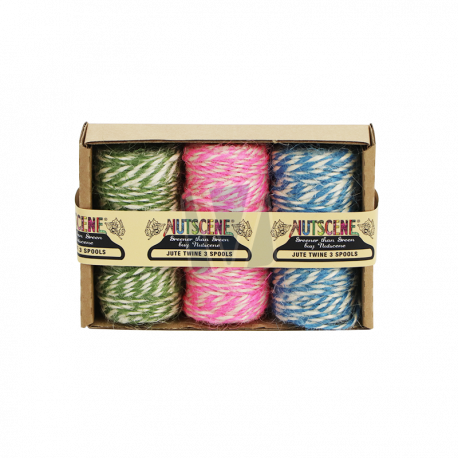 Mini rolletjes tweekleurig jute touw, groen, roze en blauw